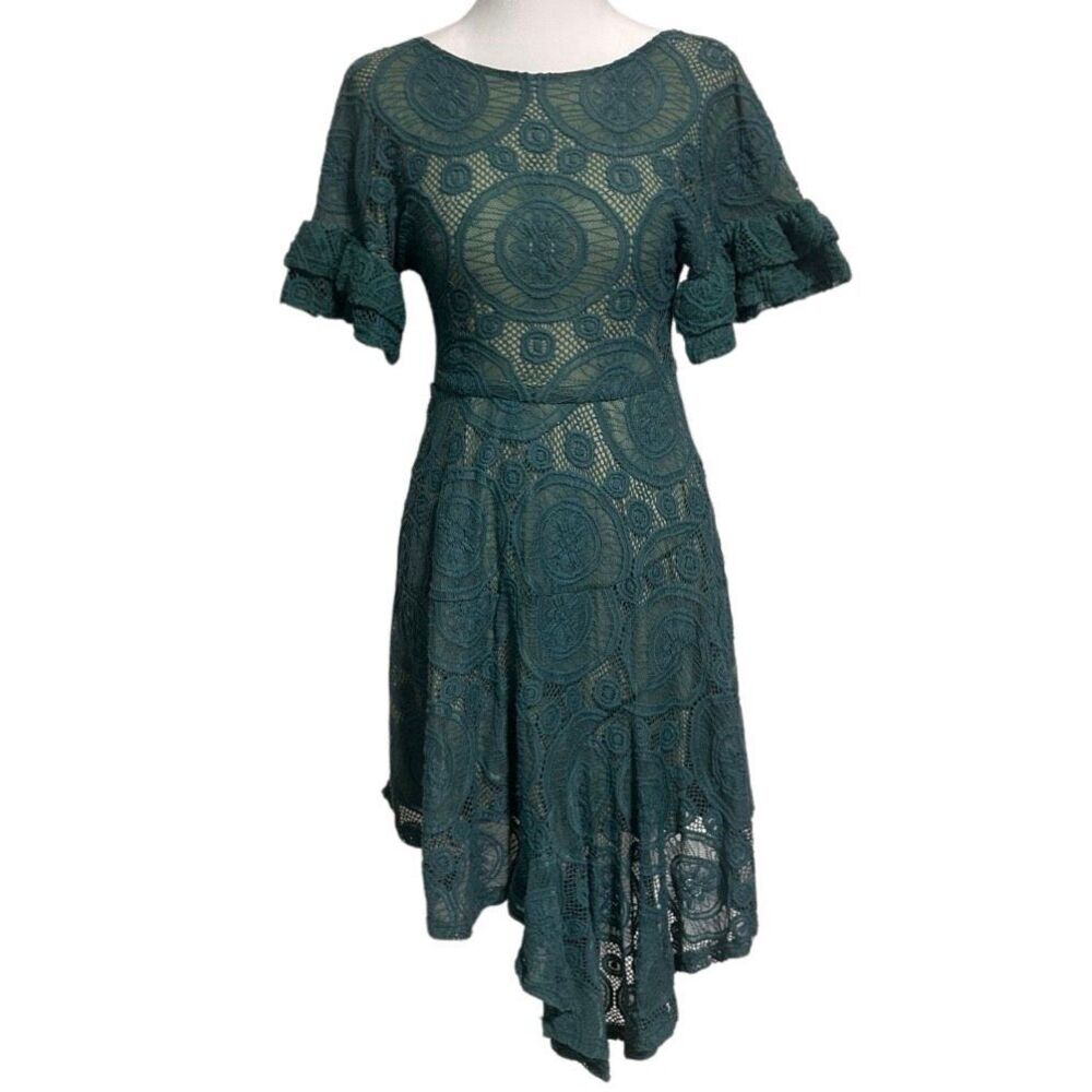 Joyfolie Mia Joy Hi-Lo Lace Dress Girls Size 12 Green Ruffle Sleeve Lined